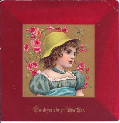 Tarjeta navideña victoriana de una niña con ropa de la regencia sosteniendo un ramo de flores, c.1880 de Kate Greenaway