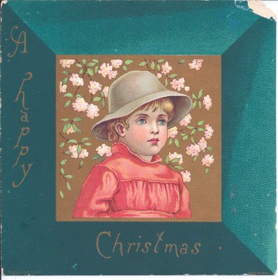 Tarjeta de Año Nuevo victoriana de una niña con ropa de la regencia y un collar de cuentas azules, c.1880 de Kate Greenaway