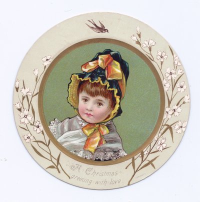 Tarjeta de felicitación victoriana de un niño con su brazo alrededor de una niña mirando un libro, c.1880 de Kate Greenaway