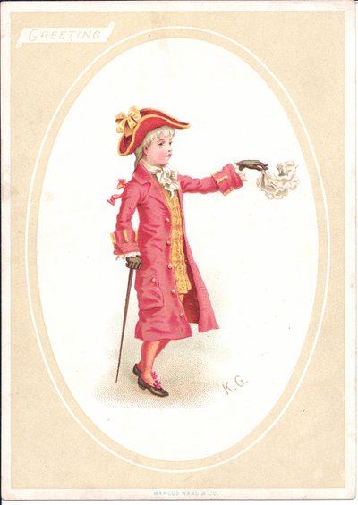 Tarjeta de felicitación victoriana de niños sentados en una mesa mientras uno vestido como cocinero afila el cuchillo, c.1880 de Kate Greenaway