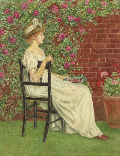 Una Joven Sentada en una Silla, con un Cuenco de Cerezas en la Mano de Kate Greenaway