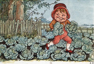 Un gnomo roba coles de un huerto. (Un duende robando coles). Ilustración de Kate Greenaway (1846-1901) del libro de cuentos y rimas infantiles 