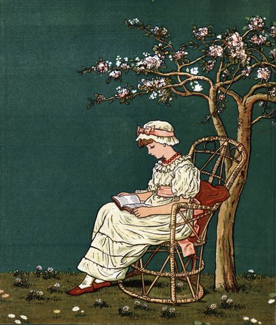 Una niña leyendo bajo un lila. Ilustración de Kate Greenaway (1846-1901) del libro de cuentos y rimas infantiles "Under The Window" (1879), editado por Edmund Evans. de Kate Greenaway