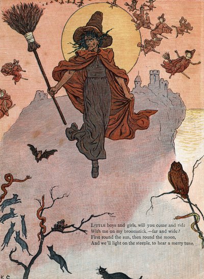 Una bruja y su escoba rodeada de gatos negros, murciélago y búho. (Niños y niñas, ¿vendrán a volar conmigo en mi escoba?) Ilustración de Kate Greenaway (1846-1901) del libro de cuentos y rimas infantiles "Under The Window" de Kate Greenaway