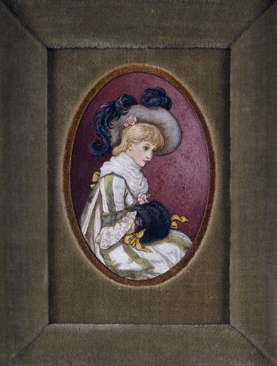 Retrato ovalado de una niña rubia con un sombrero con plumas y las manos dentro de su manguito de Kate Greenaway