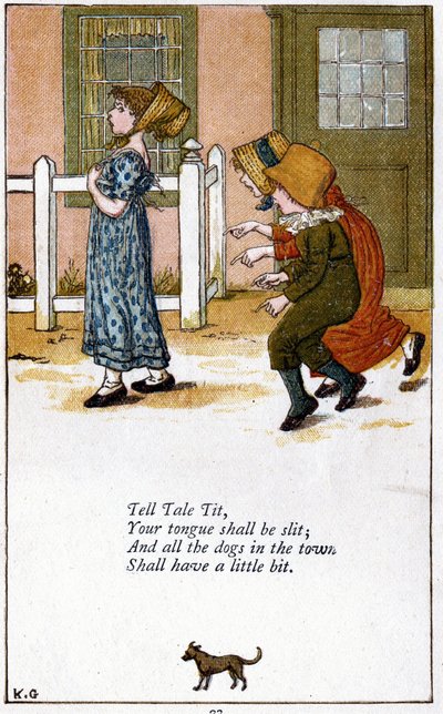 Teta contadora/Tu lengua será cortada: Ilustración de Kate Greenaway (1846-1901) para un libro de canciones infantiles. Cromolitografía de Kate Greenaway