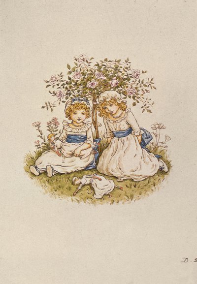 Dos niñas con muñecas sentadas bajo un rosal, siglo XIX de Kate Greenaway