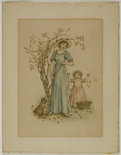 Mujer con escoba y niña de Kate Greenaway
