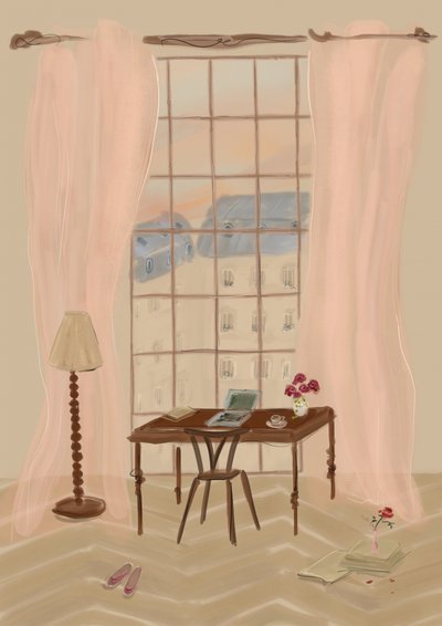 Ilustración de una vista desde una ventana de París con un escritorio rústico de Katharina Puritscher
