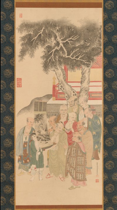Diez Rakan examinando una pintura de Kannon con túnica blanca de Kato Nobukiyo