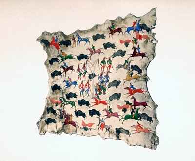 Piel de alce por un indio Shoshone norteamericano, mostrando caza de búfalos de Katsikodi