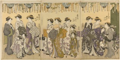 Cortesanas y sus asistentes desfilando bajo linternas de Katsukawa Shuncho