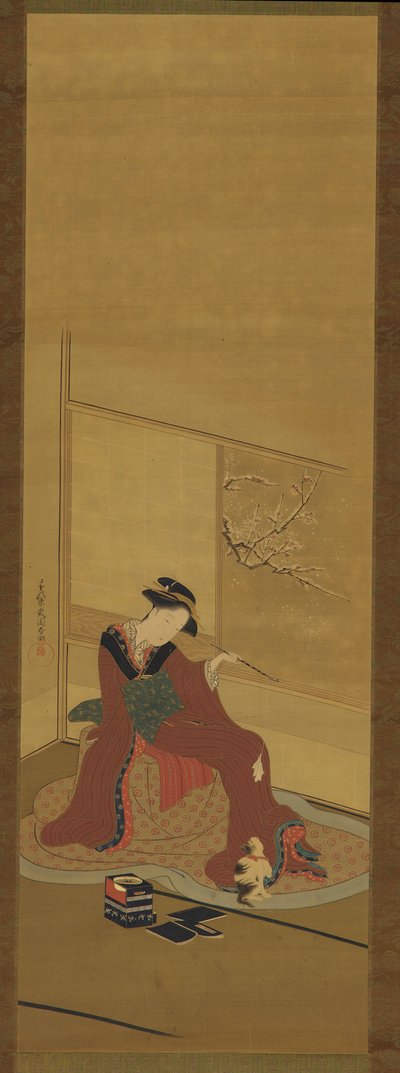 Interior: una niña y un gatito, período Edo, finales del siglo XVIII de Katsukawa Shuncho