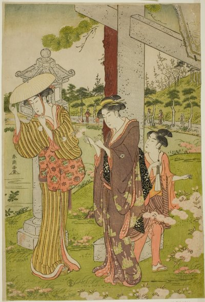 Recogiendo Flores en el Santuario Kumano Junisha en Tsunohazu de Katsukawa Shuncho