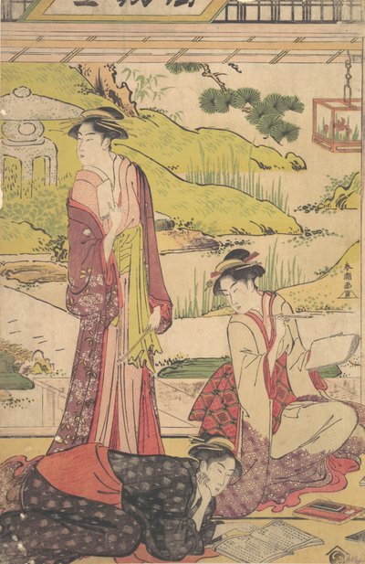 Tres mujeres disfrutando de actividades literarias, ca. finales de 1780 de Katsukawa Shuncho