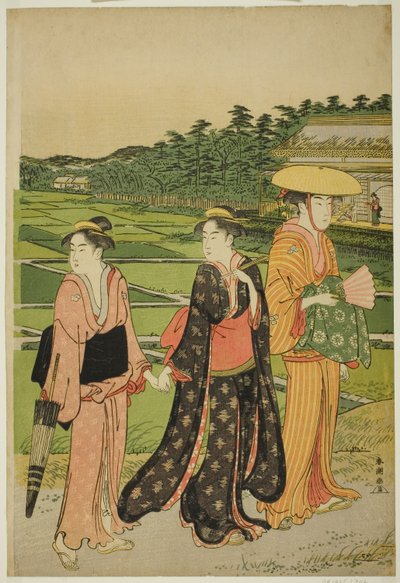 Tres Mujeres cerca de los Campos de Arroz de Katsukawa Shuncho