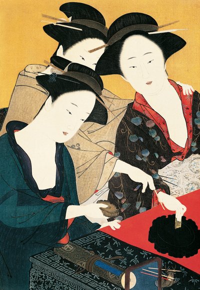 Tres mujeres alrededor de una fuente de tinta, artista de la escuela de Katsukawa Shunsho de Katsukawa Shuncho