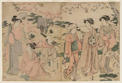 Mujeres Contemplando los Cerezos en Flor en Asukayama de Katsukawa Shuncho