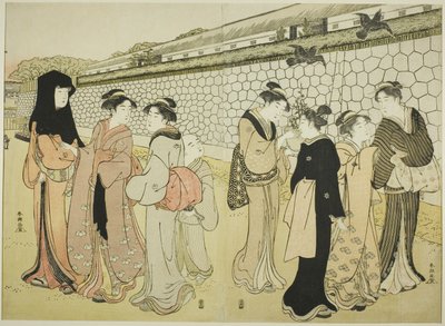 Mujeres caminando junto a un foso de Katsukawa Shuncho