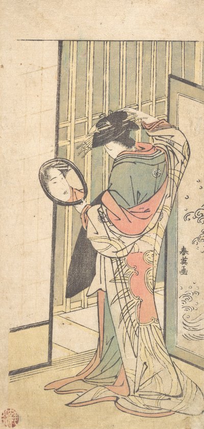 Una cortesana mirando su reflejo en un espejo de mano, ca. 1787 de Katsukawa Shun