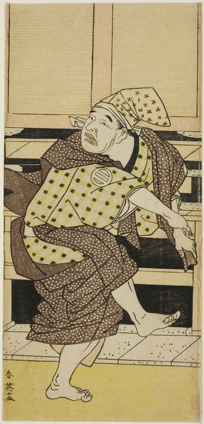 El actor Asao Tamejûrô I como Gotôbei borracho bailando un sambasô en "La petición Koshigoe de Yoshitsune" ("Yoshitsune Koshigoe jô"). de Katsukawa Shun
