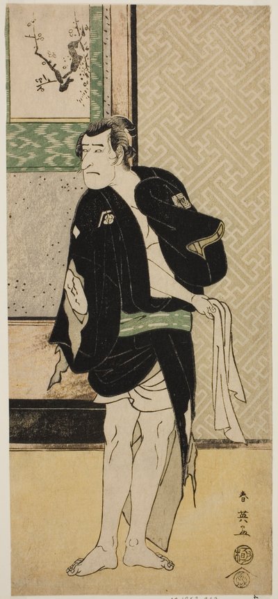 El actor Ichikawa Komazo II como Soga no Dozaburo disfrazado del rufián Tobei () en la obra Haru no Nishi Date-zome Soga (), representada en el Teatro Nakamura () en el primer mes de 1790 () de Katsukawa Shunei