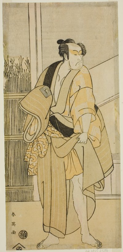 El actor Ichikawa Monnosuke II como Hiranoya Tokubei () en la obra Waka Murasaki Edokko Soga (), representada en el Teatro Ichimura () en el tercer mes de 1792 () de Katsukawa Shun