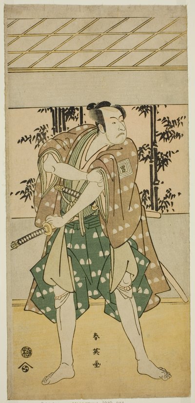 El actor Ichikawa Omezo I como el barquero Takihei () en la obra Ofunamori Ebi no Kaomise (), representada en el Teatro Kawarazaki () en el undécimo mes de 1792 () de Katsukawa Shun