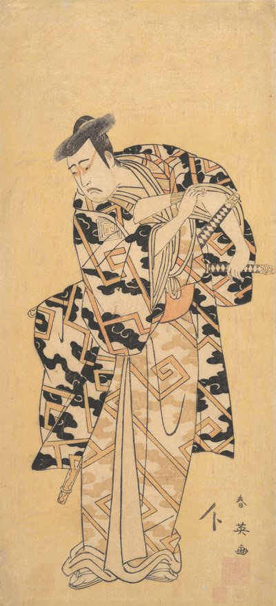 El actor Ichikawa Yaozo III como Fuwa Banzaemon en una túnica de trueno, jugando con un abanico de Katsukawa Shun