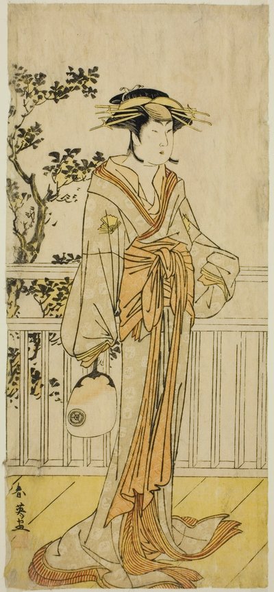 El actor Iwai Hanshiro IV como Okumi de la tienda de abanicos Mieido () en la obra Sanjuk-koku Yobune no Hajimari (), representada en el Teatro Ichimura () en el quinto mes de 1789 () de Katsukawa Shun
