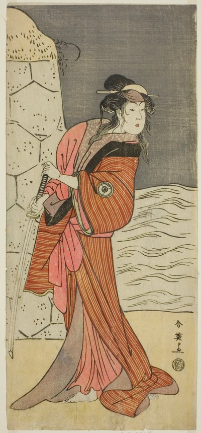 El actor Iwai Hanshiro IV como Yaegushi no Oroku () en la obra Keisei Kogane no Hakarime (), representada en el Teatro Kawarazaki () en el tercer mes de 1792 () de Katsukawa Shun