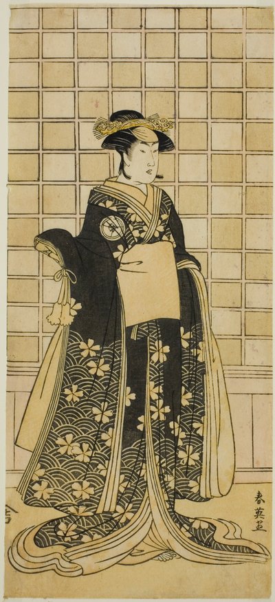 El actor Iwai Kiyotaro II como Lady Itohagi () en la obra Genji Saiko Kogane Tachibana (), representada en el Teatro Ichimura () en el undécimo mes de 1788 () de Katsukawa Shun