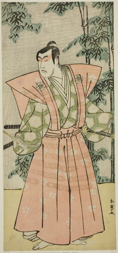 El actor Matsumoto Koshiro IV como Hatakeyama Shigetada disfrazado de Honjo Soheiji () en la obra Edo no Fuji Wakayagi Soga (), representada en el Teatro Nakamura () en el primer mes de 1789 () de Katsukawa Shun
