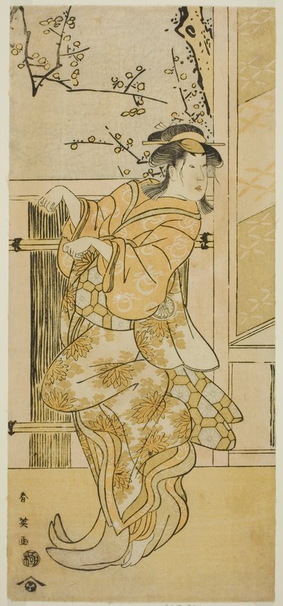 El actor Segawa Kikunojo III como Kojoro-gitsune (Zorro hembra) disfrazado de Omiki en la obra Komachi-mura Shibai no Shogatsu, representada en el Teatro Nakamura en el undécimo mes de 1789. de Katsukawa Shun