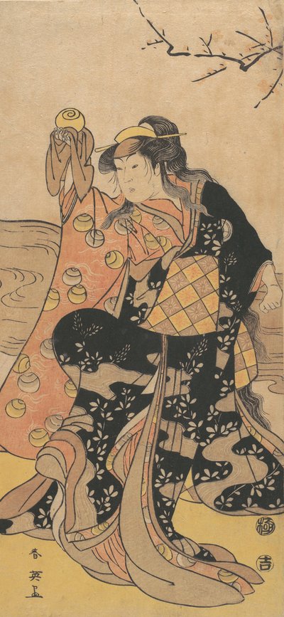 El cuarto Iwai Hanshiro como una mujer sosteniendo una bola de cristal y bailando en la orilla, ca. 1788 de Katsukawa Shun