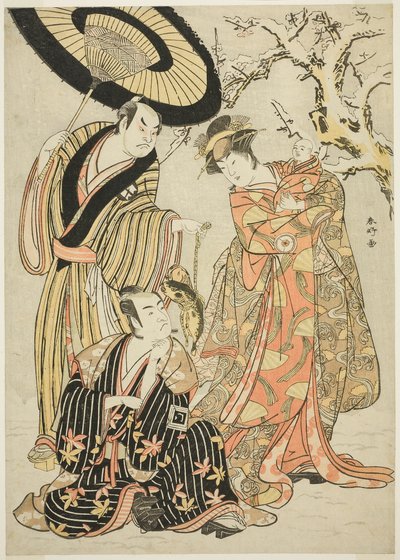 Los actores Iwai Hanshirô IV, Ichikawa Monnosuke II y Sakata Hangorô III, en "Copos de nieve: Elevando el listón en Izu" ("Mutsu no Hana Izu no Hataage") de Katsukawa Shunkо̄