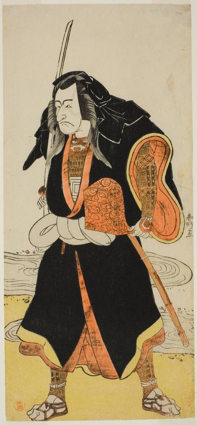 El actor Ichikawa Danjuro V, probablemente como Ise no Saburo disfrazado de Sanjo Uemon, jefe de una banda de ladrones, en la segunda parte de la obra Fude-hajime Kanjincho (Primera caligrafía del Año Nuevo: Kanjincho [La lista de suscriptores]), represent de Katsukawa Shunkо̄