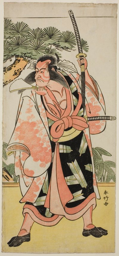 El actor Ichikawa Danjuro V como Kajiwara Genta Kagesue en la obra Yuki Nazuna Saiwai Soga, representada en el Teatro Kiri en el primer mes de 1787. de Katsukawa Shunkо̄