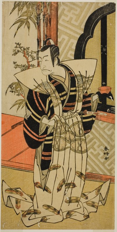 El actor Ichikawa Danjuro V como Kajiwara Heiji () en la obra Hiragana Seisuiki (), representada en el Teatro Morita () en el tercer mes de 1776 () de Katsukawa Shunkо̄
