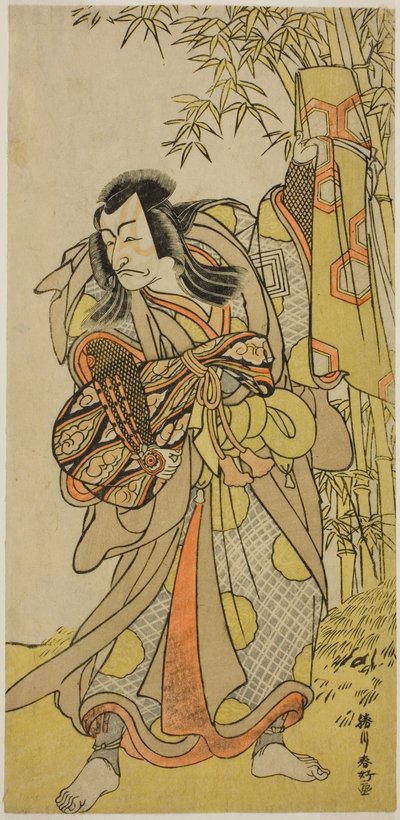 El actor Ichikawa Danjuro V como Kazusa no Akushichibyoe Kagekiyo disfrazado de músico de la corte ciego (Kengyo) en la obra Edo Meisho Midori Soga, representada en el Teatro Morita en el cuarto mes de 1779. de Katsukawa Shunkо̄