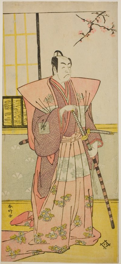 El actor Ichikawa Omezo I como Koyurugi Motomenosuke () en la obra Haru no Nishiki Date-zome Soga (), representada en el Teatro Nakamura () en el primer mes de 1790 () de Katsukawa Shunkо̄