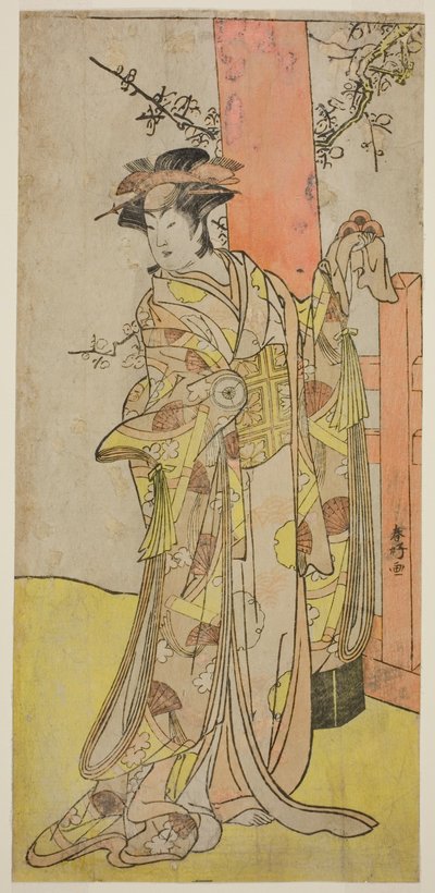 El actor Iwai Hanshiro IV como Kitsune ga Saki Otama () en la obra Miyakodori Yayoi no Watashi (), representada en el Teatro Kiri () en el tercer mes de 1787 () de Katsukawa Shunkо̄