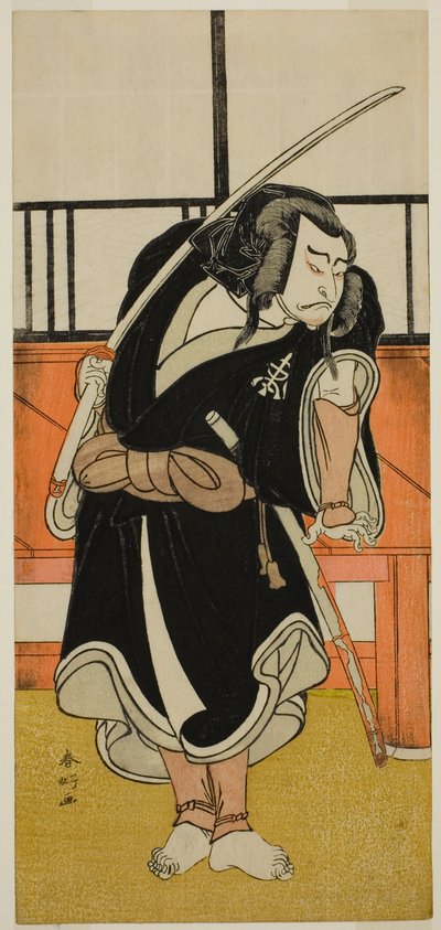 El actor Nakamura Nakazo I como Aso no Matsuwaka () en la obra Iro Moyo Aoyagi Soga (), representada en el Teatro Nakamura () en el segundo mes de 1775 () de Katsukawa Shunkо̄