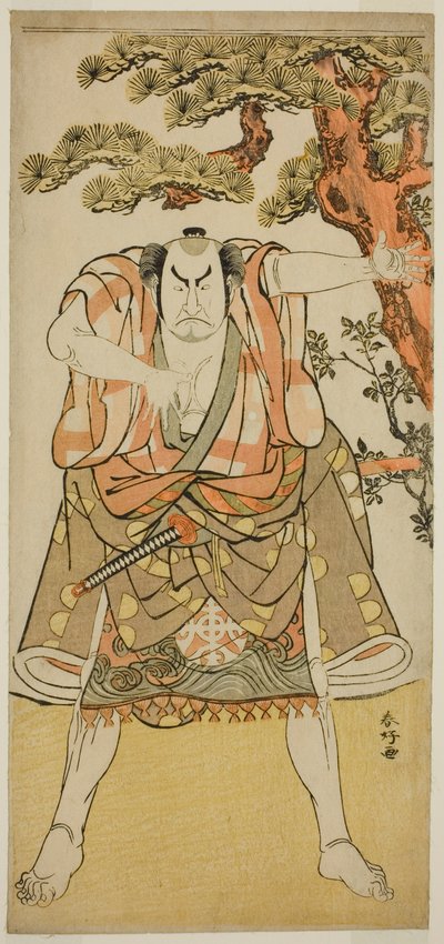 El actor Nakamura Nakazo I como Yakko Nakahei disfrazado de Miura Arajiro () de la obra Ise Heishi Eigo no Koyomi (), representada en el Teatro Ichimura () en el undécimo mes de 1782 () de Katsukawa Shunkо̄