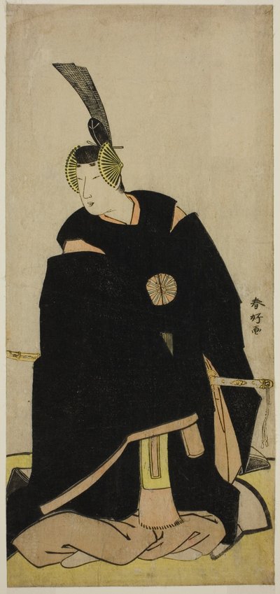 El actor Nakamura Tomijuro I como Taira no Masakado disfrazado de Otomo no Kuronushi () o Sugawara Micihizane () en la obra Shida Yuzuriha Horai Soga () o Sugawara Denju Tenarai Kagami (), representada en el Teatro Morita () en la Primera o Quinta Mont. de Katsukawa Shunkо̄
