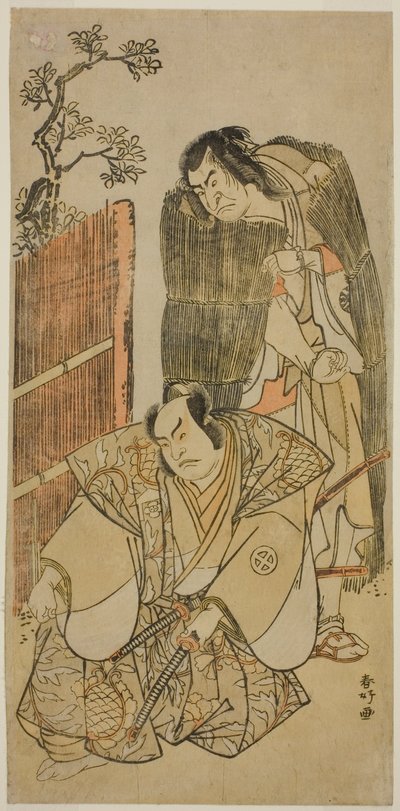 Los actores Nakamura Nakazo I como Kagekiyo vestido de mendigo (derecha), y Otani Hiroji III como Onio Shinzaemon (izquierda), en la obra Kotobuki Banzei Soga, representada en el Teatro Ichimura en el tercer mes de 1783. de Katsukawa Shunkо̄