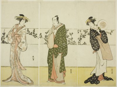 Los actores Osagawa Tsuneyo II (derecha), Ichikawa Monnosuke II (centro) y Segawa Kikunojo III (izquierda), posiblemente como Misao Gozen, Matsuya Soshichi y la cortesana Kojoro de Hakata, en la obra Chiyo no Hajime Ondo no Seto (Comienzos de la eternidad: de Katsukawa Shunkо̄
