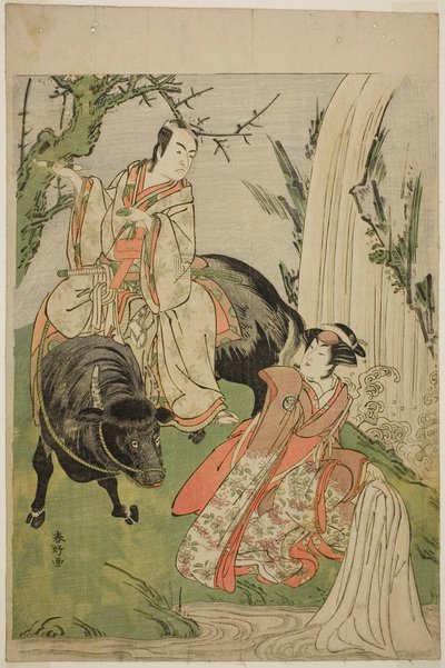 Los actores Segawa Kikunojo III como la princesa Hatsune (Hatsune Hime) (derecha), e Ichikawa Monnosuke II como Miyukinosuke Yukinari, en la obra Otokoyama Furisode Genji, representada en el Teatro Kiri en el undécimo mes de 1785. de Katsukawa Shunkо̄