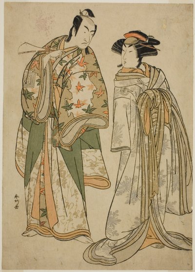 Los actores Segawa Kikunojo III como la cortesana Sumizome (derecha), e Ichikawa Monnosuke II como Goinosuke Yoshimine (izquierda), en la obra Juni-hitoe Komachi-zakura, representada en el Teatro Kiri en el undécimo mes de 1784. de Katsukawa Shunkо̄