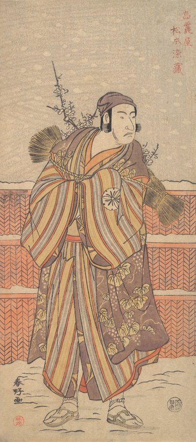 Matsumoto Sumezo como un hombre con atuendo de invierno de pie en la nieve, ca. 1785-90 de Katsukawa Shunko